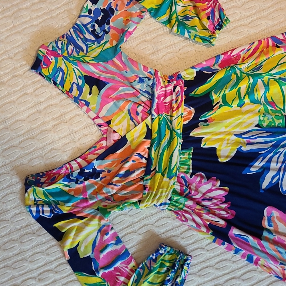 Lilly Pulitzer FLEUR DRESS Resort Navy Travelers Palm Pink V Neck
